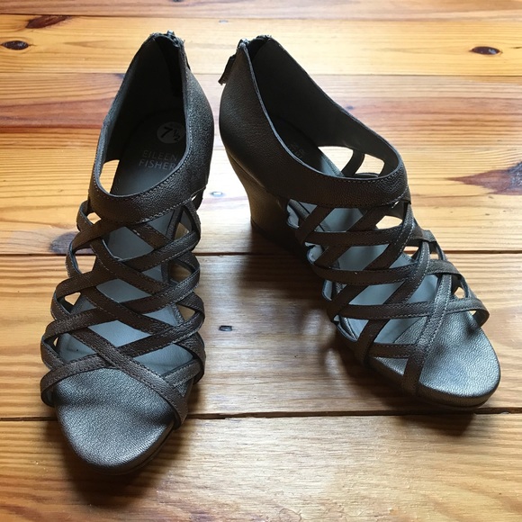 Eileen Fisher Silver Chrome Strappy Wedges, EUC, 7.5 - Picture 2 of 10
